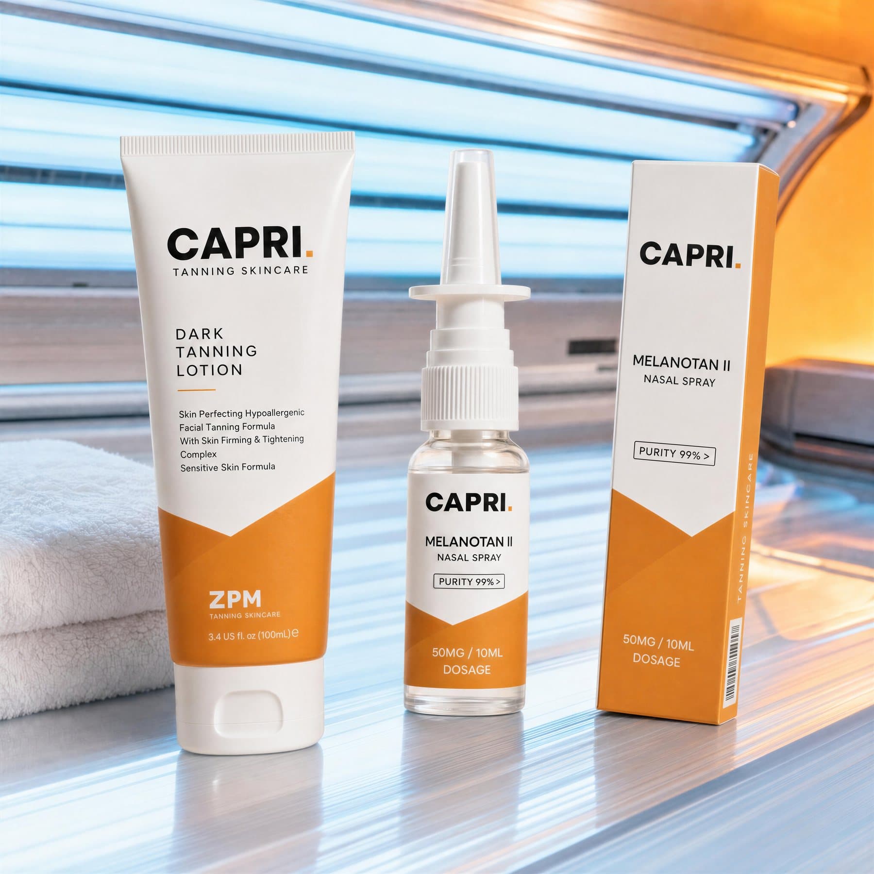 Capri Glow Accelerator tube and Melanotan II nasal spray on a sunbed