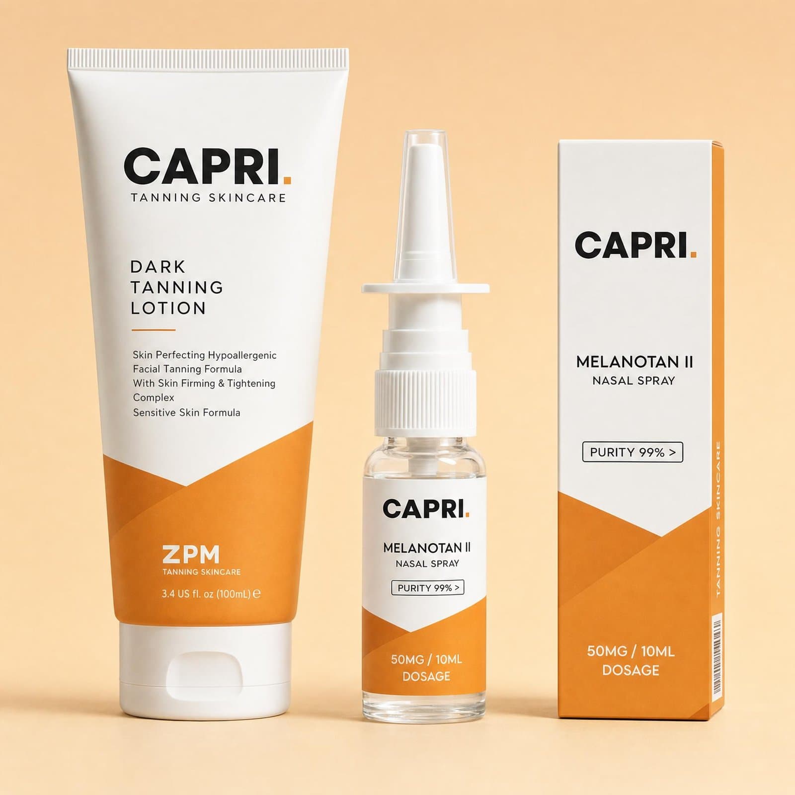 The Glow Stack: Capri tanning lotion tube, Melanotan II nasal spray and carton