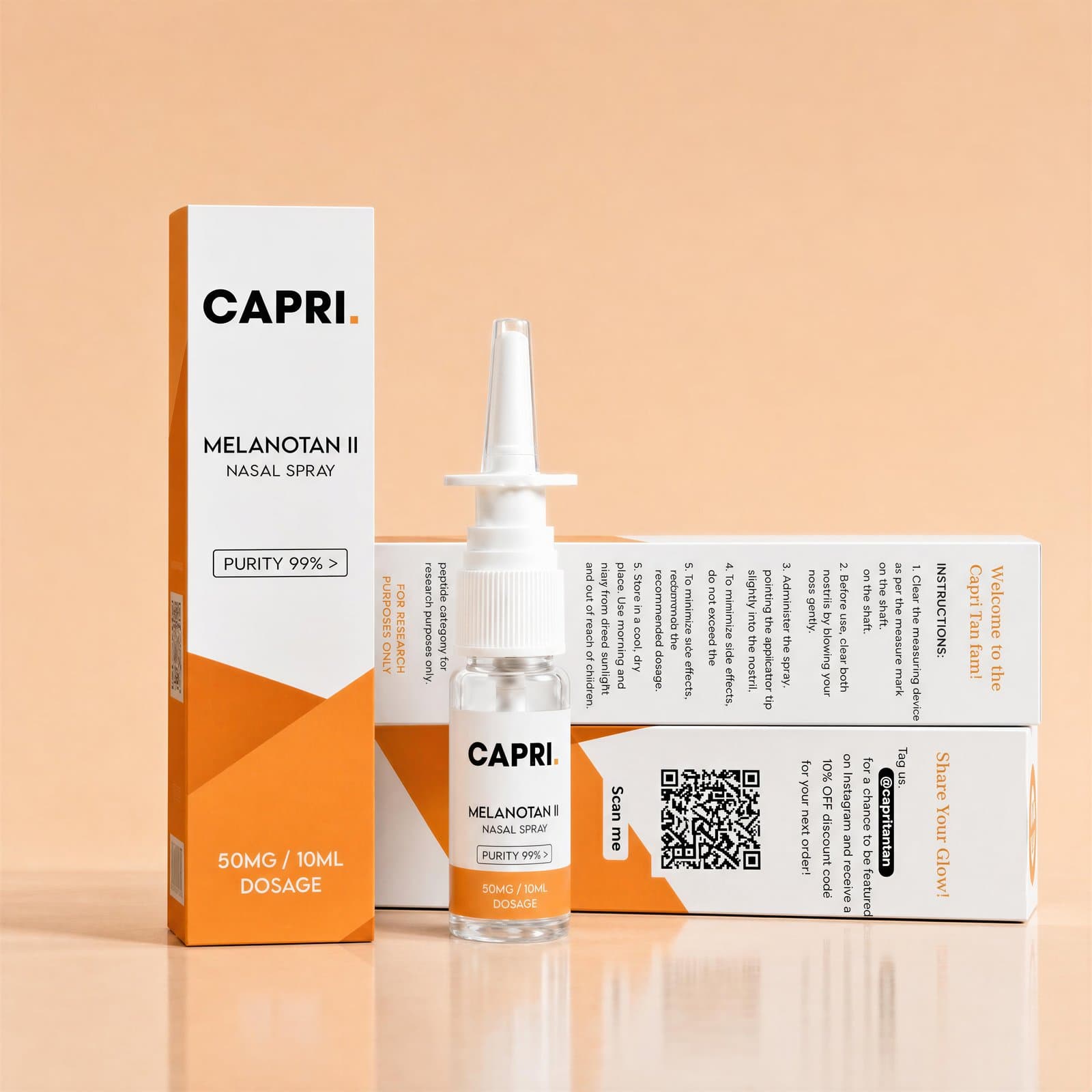 Capri Melanotan II nasal spray bottle with carton, front and instructions panel